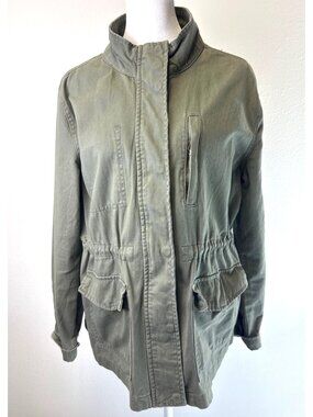 Women's Olive Green Utility Jacket Drawstring Waist Zip/Snap Lightweight Outdoor